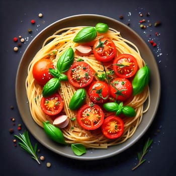 Spaghetti noodles with tomatoes and basil on a plate. Decorative between vegetables and oil on a table. AI generated food