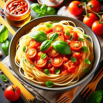 Spaghetti noodles with tomatoes and basil on a plate. Decorative between vegetables and oil on a table. AI generated food