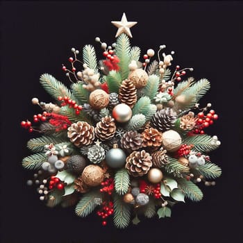 A festive Christmas wreath made of fir branches, pine cones, red berries and golden baubles, decorated with sparkling golden stars. Anticipation of Advent.