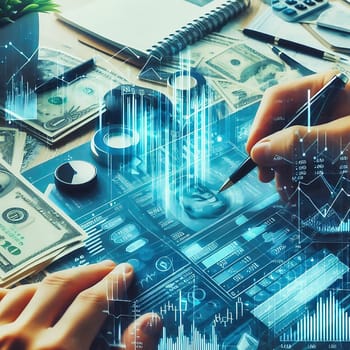 a hand working with a pen on a holographic financial dashboard, surrounded by dollar bills, charts and business accessories on a desk.