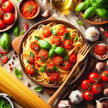 Spaghetti noodles with tomatoes and basil on a plate. Decorative between vegetables and oil on a table. AI generated food