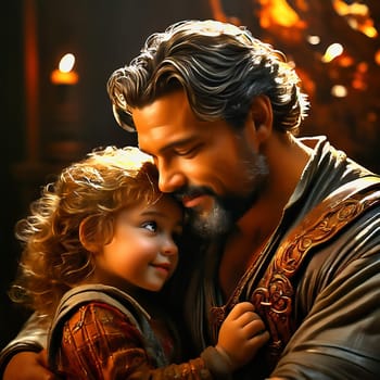 Father and daughter. The picture shows a smiling man with a beard, lovingly holding a little girl in his arms. Both look at each other happily, surrounded by warm, golden light. AI generated image
