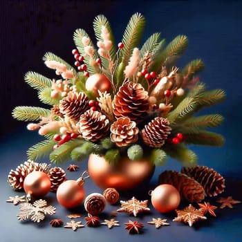 A festive Christmas wreath made of fir branches, pine cones, red berries and golden baubles, decorated with sparkling golden stars. Anticipation of Advent.
