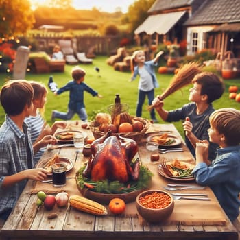 Harvest festival with the family. Traditional family celebration. Holiday with food. Celebration in the garden at the wooden table. AI generated image
