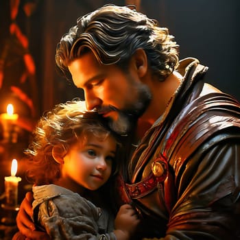 Father and daughter. The picture shows a smiling man with a beard, lovingly holding a little girl in his arms. Both look at each other happily, surrounded by warm, golden light. AI generated image