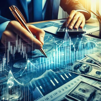 a hand working with a pen on a holographic financial dashboard, surrounded by dollar bills, charts and business accessories on a desk.
