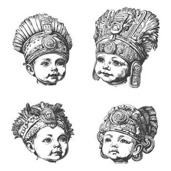 Four Detailed Illustrations of Babies Wearing Ornate Headdresses