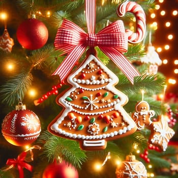 A festively decorated Christmas tree with lights, snowflake ornaments, a gingerbread man and presents that radiate atmospheric light.
