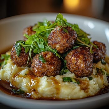 fried meatballs served with creamy mashed potatoes and a fresh green salad. AI generative.
