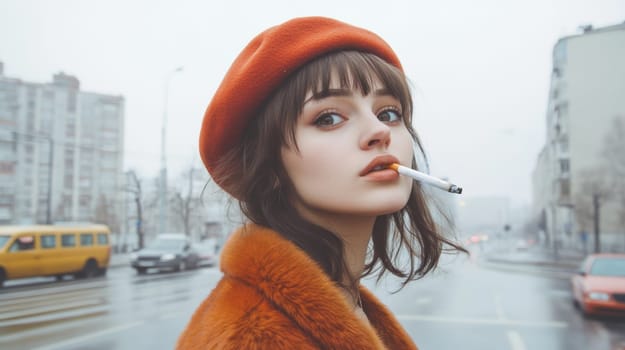 Woman dressed in 80s style smoking a cigarette on the street. AI generative.
