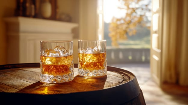 Two elegant, crystal-clear glasses of whiskey with ice cubes. AI generative.