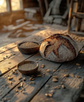 A rustic loaf of bread lying on a wooden table. AI generative.