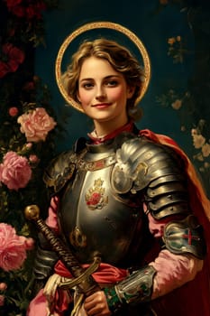Joan of Arc, set against a dark background adorned with subtle flowers.  AI generative.