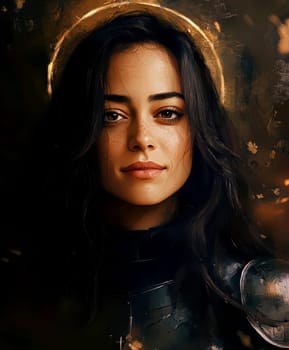 Joan of Arc, set against a dark background adorned with subtle flowers.  AI generative.