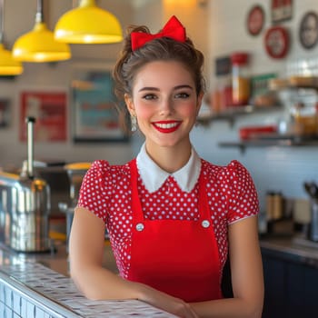A beautiful woman sits at the counter of an American restaurant. Stylized from1940s - 1950s. AI generative.