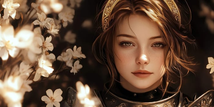 Joan of Arc, set against a dark background adorned with subtle flowers.  AI generative.