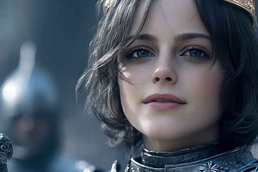 Joan of Arc, set against a dark background adorned with subtle flowers.  AI generative.