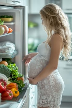 A pregnant woman is opening the refrigerator. AI generative.