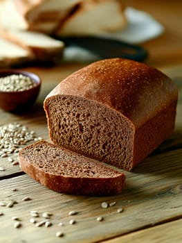 A rustic loaf of bread lying on a wooden table. AI generative.