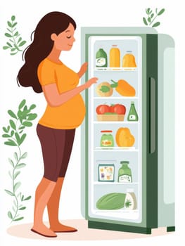 A pregnant woman is opening the refrigerator. AI generative.