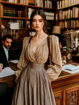 a vintage woman with black hair posing in front of a desk in an office,. AI generative.