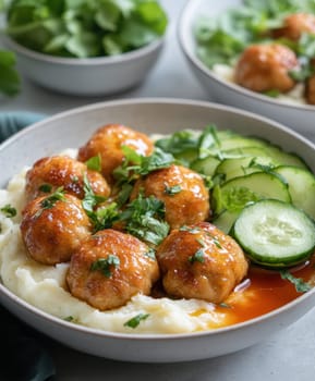 fried meatballs served with creamy mashed potatoes and a fresh green salad. AI generative.