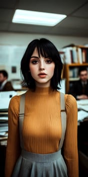 a vintage woman with black hair posing in front of a desk in an office,. AI generative.