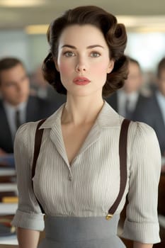 a vintage woman with black hair posing in front of a desk in an office,. AI generative.