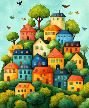 Little girls playing in the garden,in the sky birds and in the distance you can see the house.AI generative.