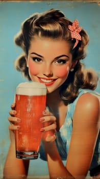 A woman styled in the 1950s holding a glass of beer. Vintage poster. AI generative.