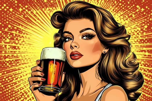A woman styled in the 1950s holding a glass of beer. Vintage poster. AI generative.