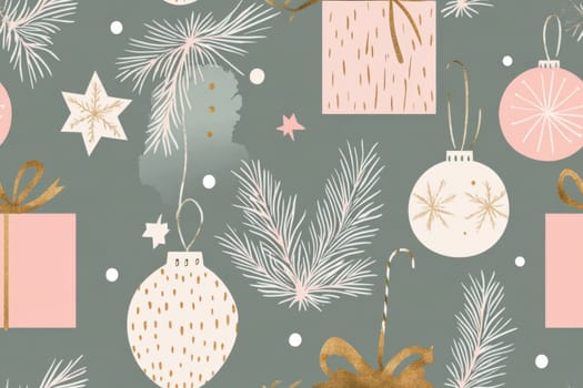 Festive christmas ornaments and gifts with pine branches, seamless pattern, AI Generated
