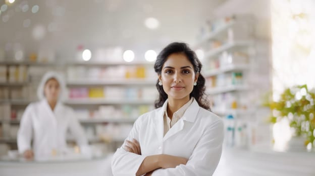 Smiling female indian american pharmacist standing in pharmacy with shelves of medicine in background, AI generated