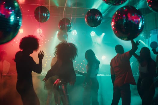 People dancing under disco balls with colorful lights and vibrant nightlife, AI generated