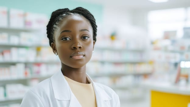 Smiling female african american pharmacist standing in pharmacy with shelves of medicine in background, AI Generated