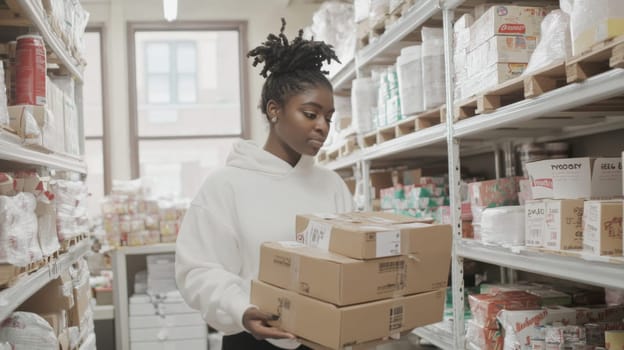 African american young woman working in warehouse with boxes, concept of logistics, AI Generated
