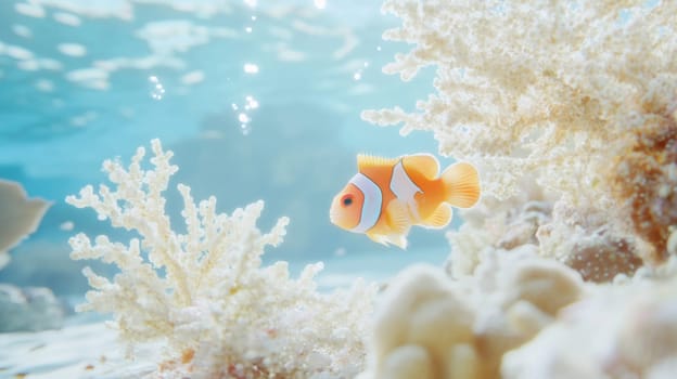 Tropical fishes swimming near white coral reef ocean underwater, serene aquatic background, AI Generated