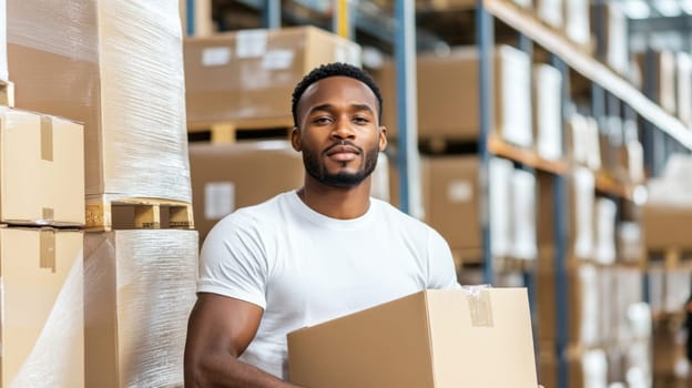 African american man in warehouse reaching for box, working, industrial logistics concept, AI Generated