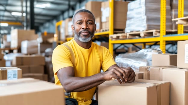 African american man in warehouse reaching for box, working, industrial logistics concept, AI Generated