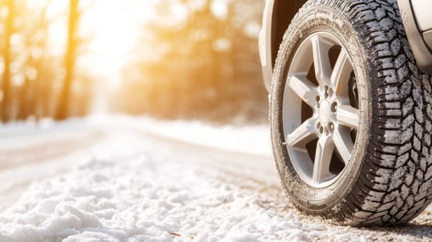 Car on snowy forest road with sunlight, winter tires replacing service concept, copy space banner background, AI Generated