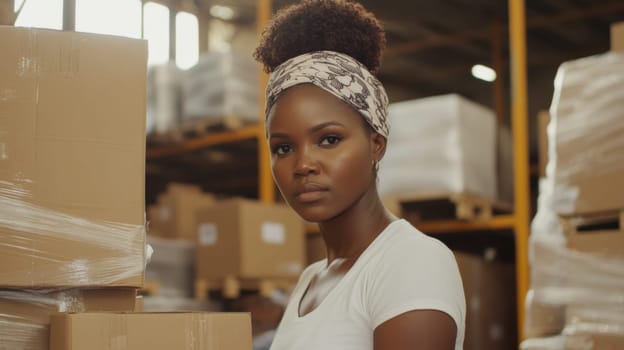African american young woman working in warehouse with boxes, concept of logistics, AI Generated