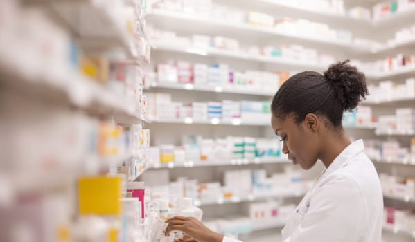 Smiling female african american pharmacist standing in pharmacy with shelves of medicine in background, AI Generated