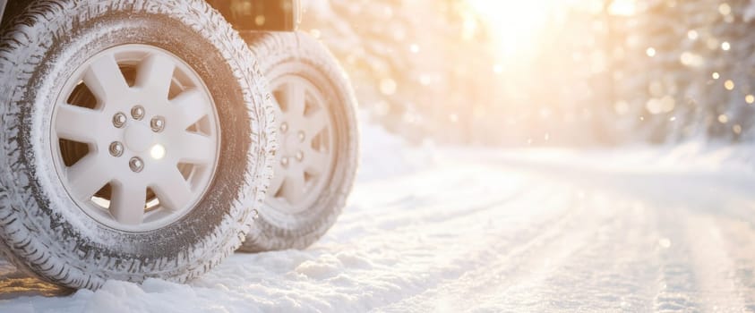 Car on snowy forest road with sunlight, winter tires replacing service concept, copy space banner background, AI Generated