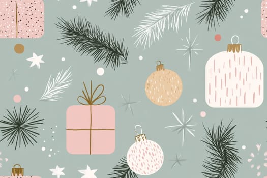 Festive christmas ornaments and gifts with pine branches, seamless pattern, AI Generated