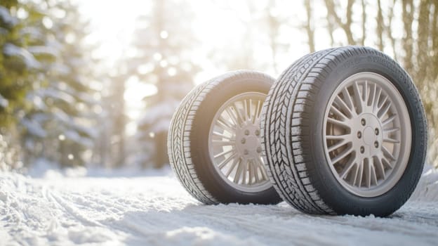 Car tires on snowy forest road with sunlight, winter tires replacing service concept, copy space banner background, AI generated