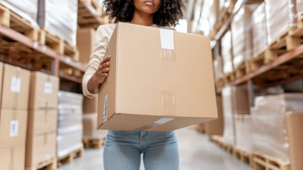 Woman carrying cardboard box in warehouse, logistics concept, background, AI Generated