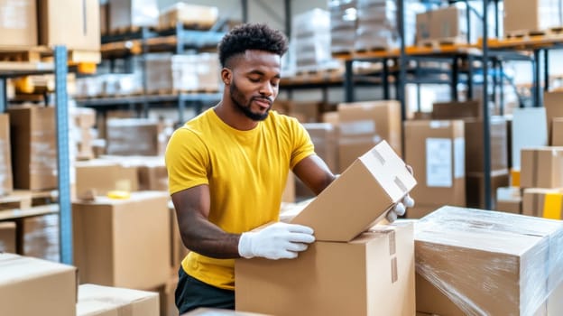 African american man in warehouse reaching for box, working, industrial logistics concept, AI Generated