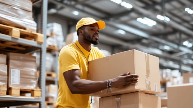 African american man in warehouse reaching for box, working, industrial logistics concept, AI Generated