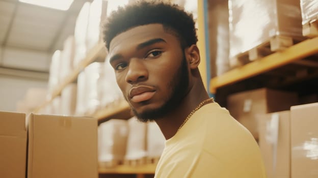 African american man in warehouse reaching for box, working, industrial logistics concept, AI Generated