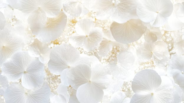 White hydrangea petals create an elegant natural floral background, AI generated